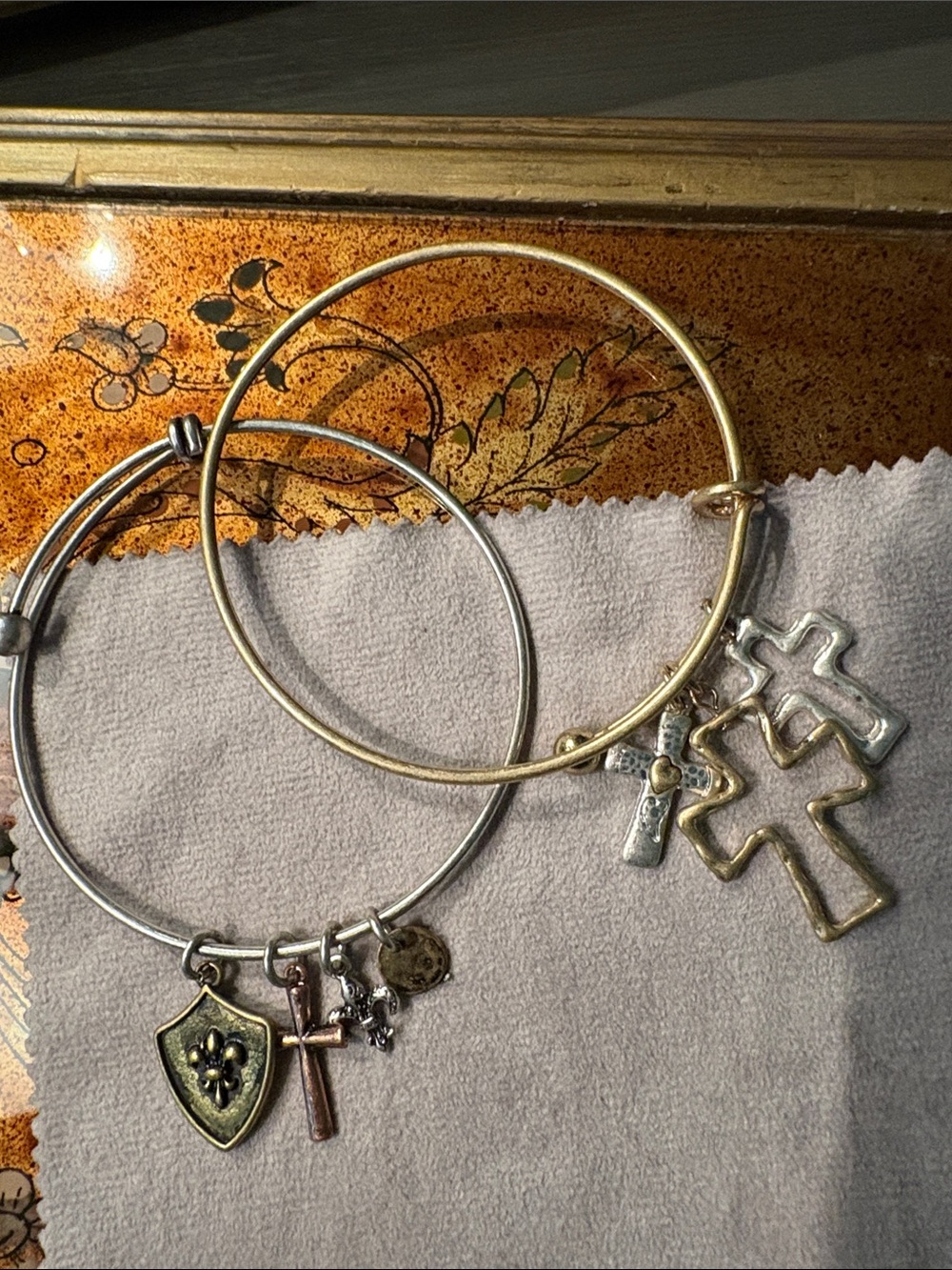 Mixed Metal Cross Charm Bangle Bracelets - Gold & Silver